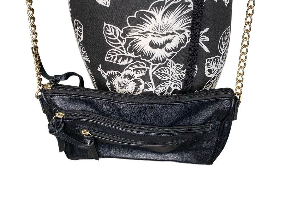 Black Triple Zip Crossbody Bag Gold Chain Strap Everyday Shoulder Purse Travel - Picture 4 of 14